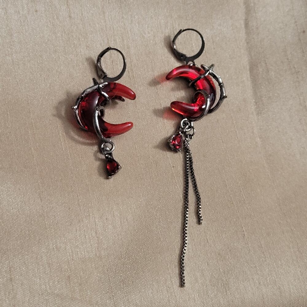 Gunmetal black & red crescent moon asymmetrical mismatch earrings